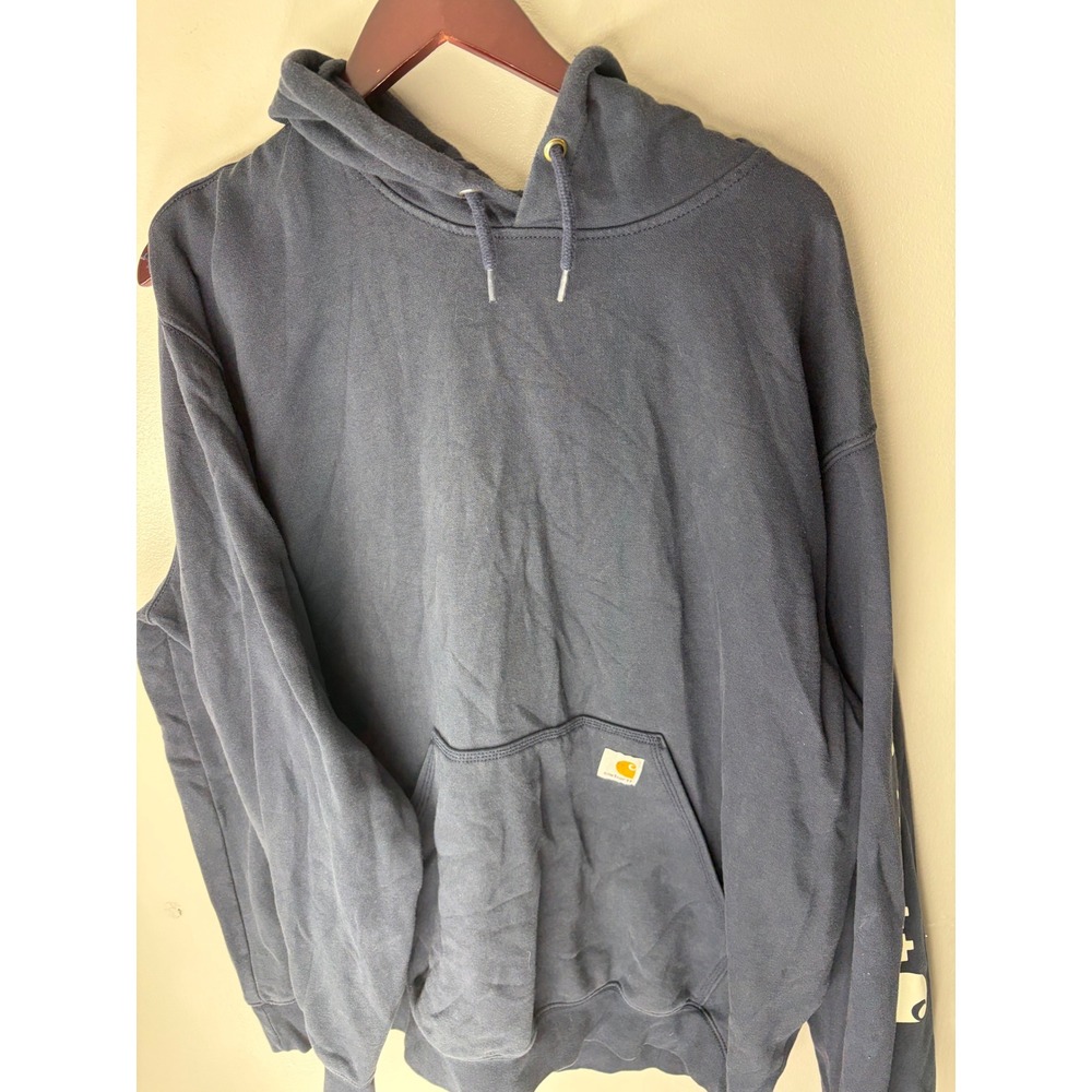Carhartt Mens 2XL Loose Fit Graphic Sleeve Hoodie Navy Blue Distressed K288